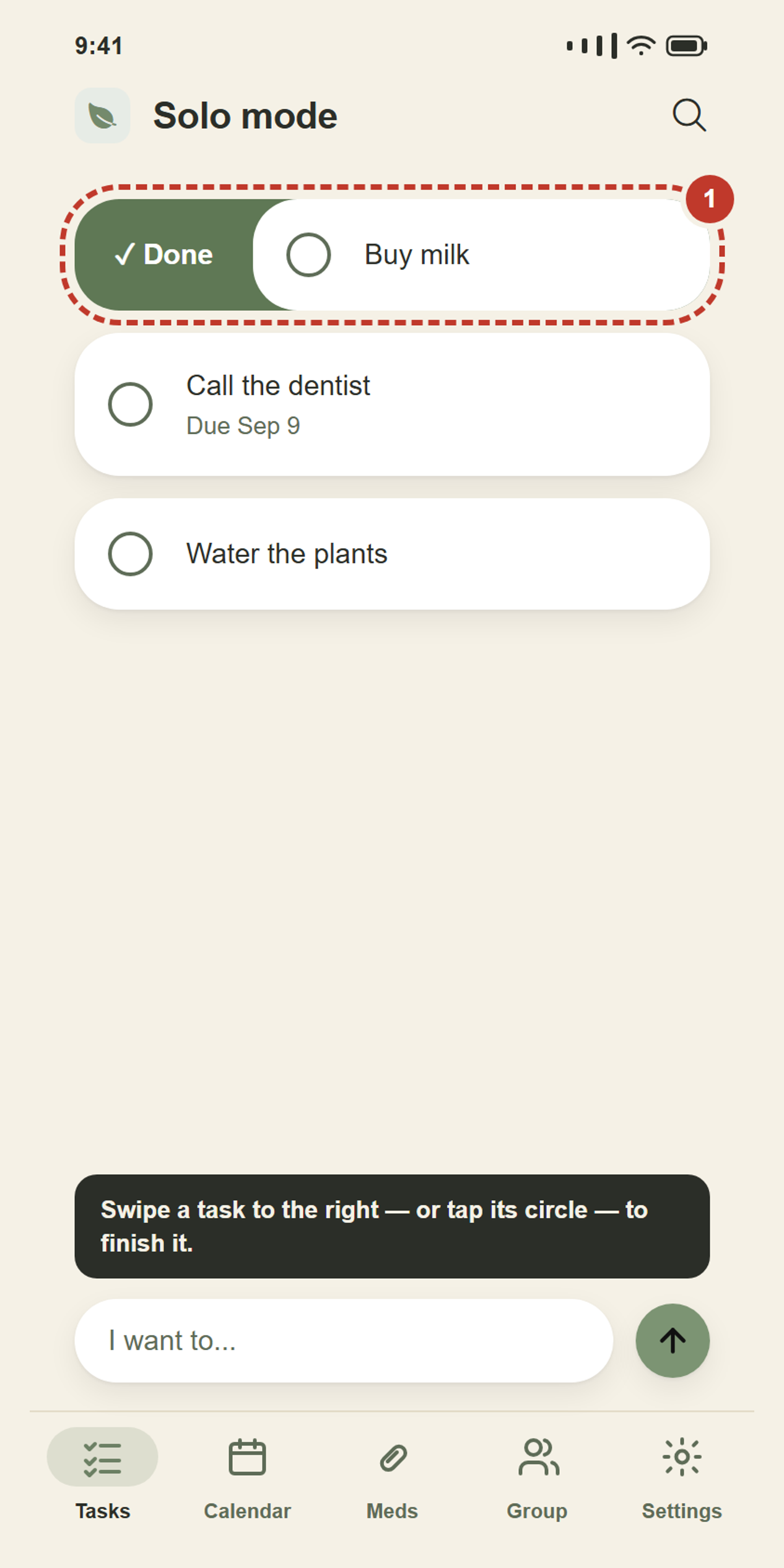 Sliding right reveals ✓ Done.