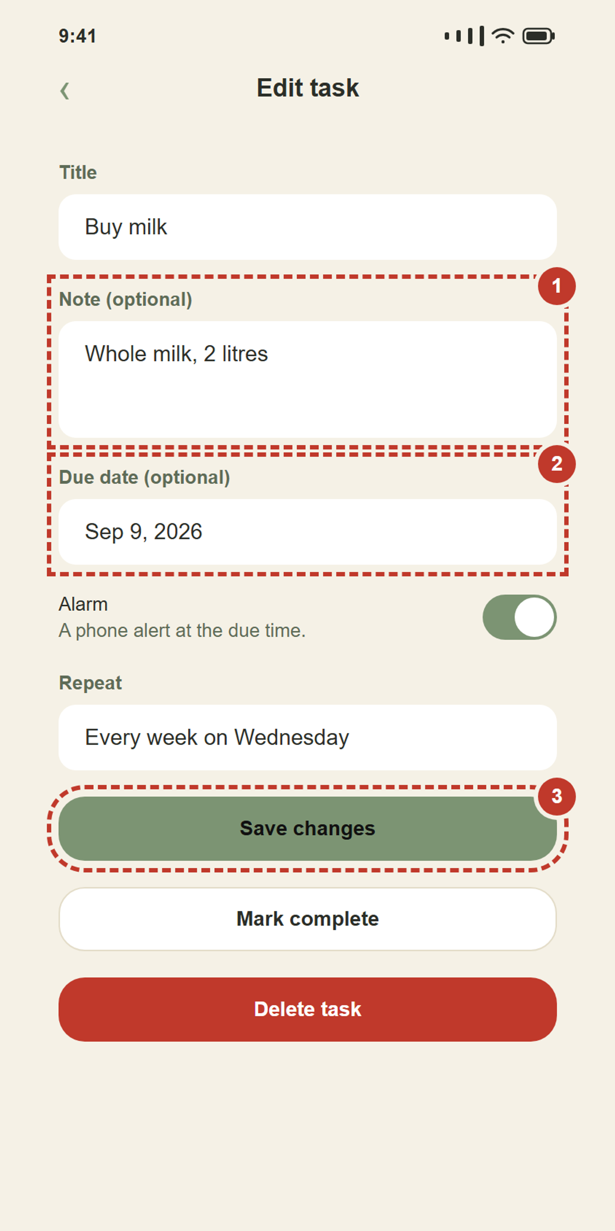 Notes and due dates are optional.