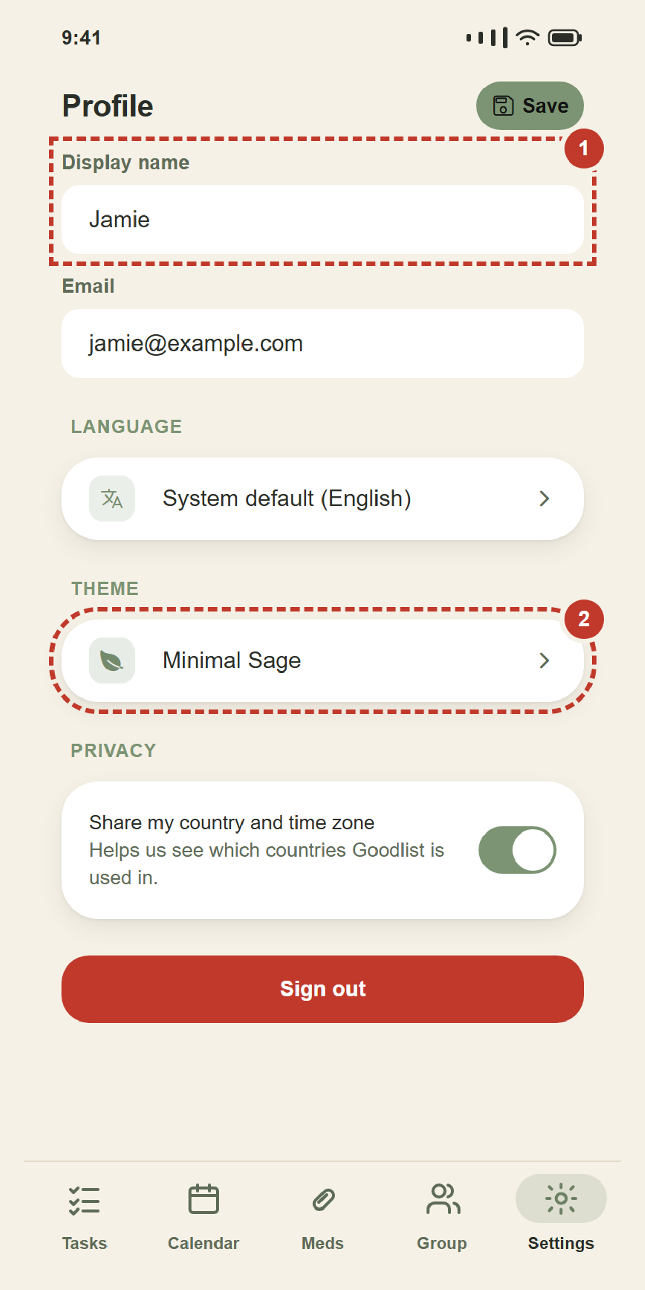 Settings: your name, colours, privacy.